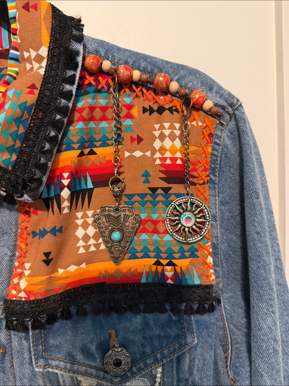 Up Cycled Artisan Made Colorful Heavily Embellished Cotton Denim Jacket - Picture 11 of 16